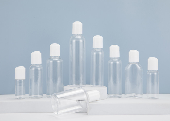 0.5oz 1oz 2oz 3oz 4oz কসমো রাউন্ড প্লাস্টিকের বোতলগুলি প্রেস ডিস্ক ক্যাপ সহ ক্লিয়ার পিইটি