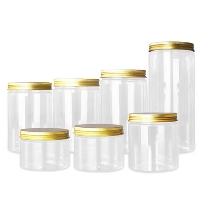 পিইটি প্লাস্টিকের জার 1oz 2oz 4oz 6oz 8oz 12oz 16oz আলুমিনিয়াম ঢাকনা সহ পরিষ্কার প্রশস্ত মুখের প্লাস্টিকের জার